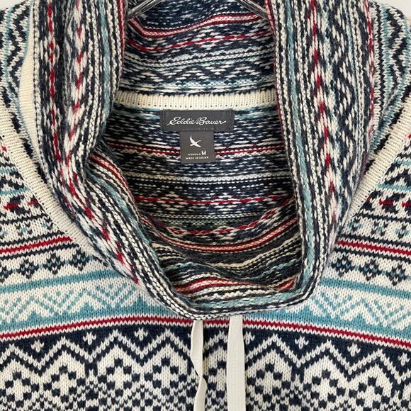 Eddie Bauer Fair Isle Pullover Sweater Cowl Neck Drawstring Ivory Wool Blend M - Picture 2 of 6